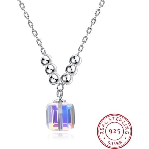 LEKANI Real 925 Sterling Silver Beads Chain Necklace Cube Crystals Pendant Collares Fine Jewelry For Women Gifts