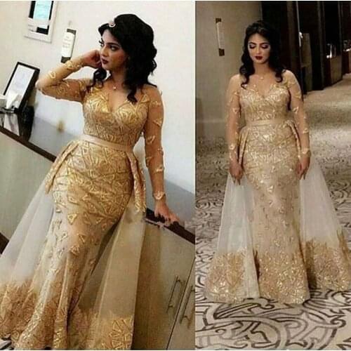 Elegant Arabic Dubai Kaftan Gold Mermaid Lace Evening Dresses V Neck Sheer Long Sleeve Detachable Skirt Abiye Prom Party Dress