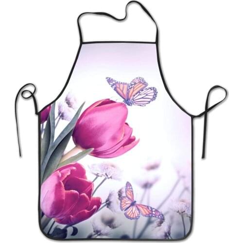 Apron Cooking Kitchen Baking Gardening Haircut Bib, Funny Aprons for Women and Men Chef - Bouquet Of Red Tulips And Butterfly