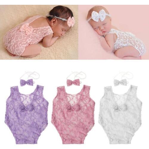 Hot Baby Photography Props Backless Hollow Bowknot Lace Romper Newborn Girls Outfit For Baby Girls Photoshoot