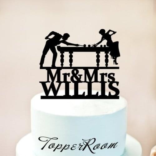 Playing Pool,Billiards Custom Wedding Cake Topper,Billiard Players Wedding Topper,Bride and Groom with Pool Cues Wedding Cake T