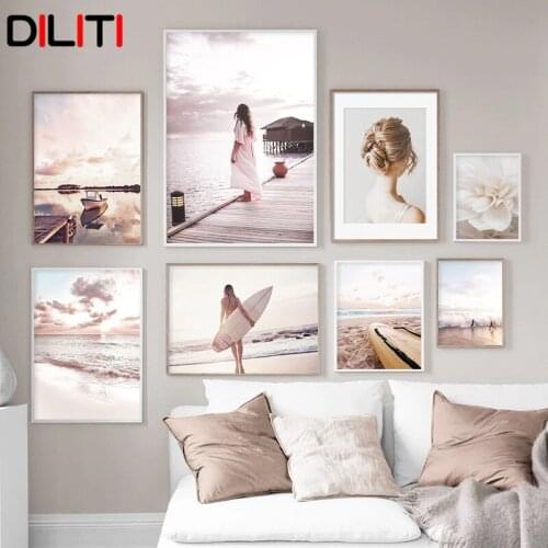 Sunset Sea Beach Landscape Canvas Painting Surfing Girl Wall Art Nordic Posters and Prints Picture for Living Room Home Decor