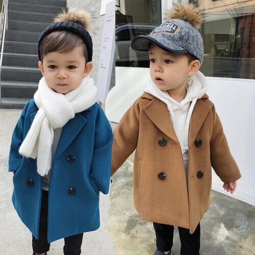 New Winter Jackets Boys Solid Woolen Double-breasted Boys Wool Coat Fashion Lapel Kids Outerwear Coats For Boy Windbreaker 1-5 Y
