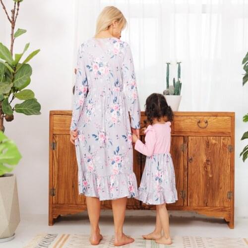 Autumn Mother Daughter Cotton Long Sleeve Floral Print Dress Mommy Baby Kids Dresses Family Matching Clothes Outfits
