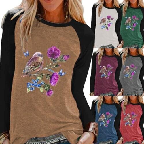 Autumn Ladies Casual Long Sleeve Shirt Top Fashion Round Neck Loose Flowers Print Womens T-shirt Sweatshirt XS-5XL