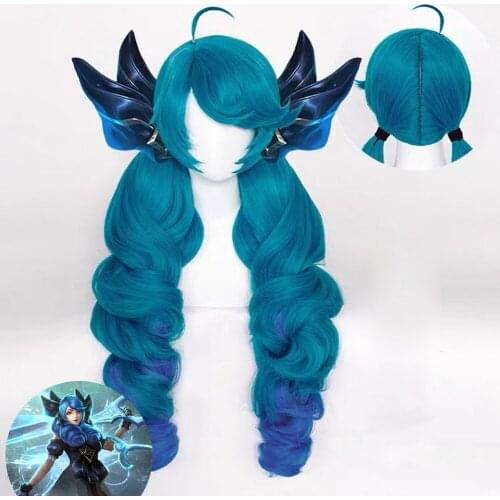 Game LOL Gwen Cosplay Wig Gradient Blue Wavy Side Part Gwen Wig with Bangs Ponytails Synthetic Hair for Halloween Party 80cm