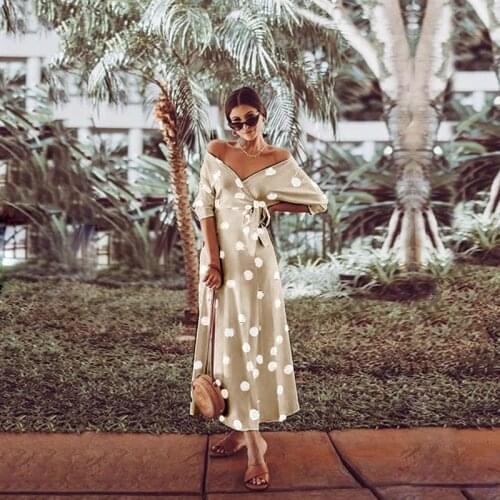 Summer Off-shoulder Dress 2021 Polka Dot Print Short-sleeved Loose Comfortable Dress Casual Boho Style V-neck Off-shoulder Dress