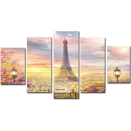 Romantic Modern Paris 5 Panel Canvas Picture Print Wall Art Canvas Painting Wall Decor for Living Room Poster No Framed