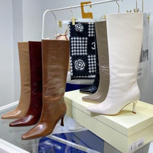 2021 Newest Winter Shoes Woman Mature Genuine Leather Knee High Boots Woman Pointed-Toes Kitten Heels Boots Woman Bota Feminina