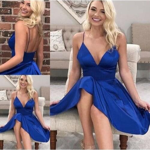 Sexy Short Satin V-Neck Homecoming Dresses with Pockets Open Back Knee Length Royal Blue Abendkleid Robes de Soirée for Women