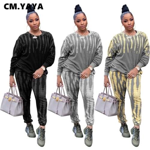 CM.YAYA Tie Dye 2 Two Piece Set for Women Outdoor Crewneck Sweatshirt Pants Set Sporty Tracksuit Fitness Matching Set Outfit