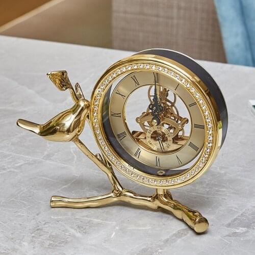 Light Luxury Pure Copper Birds Branches and Leaves Transparent Movement Living Room Clock Desk Ornaments