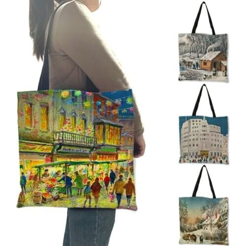 Warm Winter Scene Print School Shoulder Bags For Women Girls Causal Tote Shopping Bags For Groceries B13188