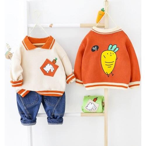 2020 Spring Baby Boys Cartoon Carrot Lapel Collar Sweatshirt Hoodies + Denim Jeans Pant Casual Kids Girls Sets Two Pieces Suits