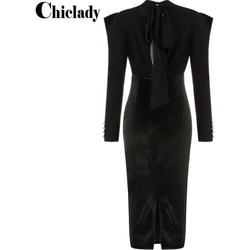 CHICLADY vintage elegant slim bodycom dress autumn winter black backless puff sleeve midi party lady dresses velvet ropa demujer