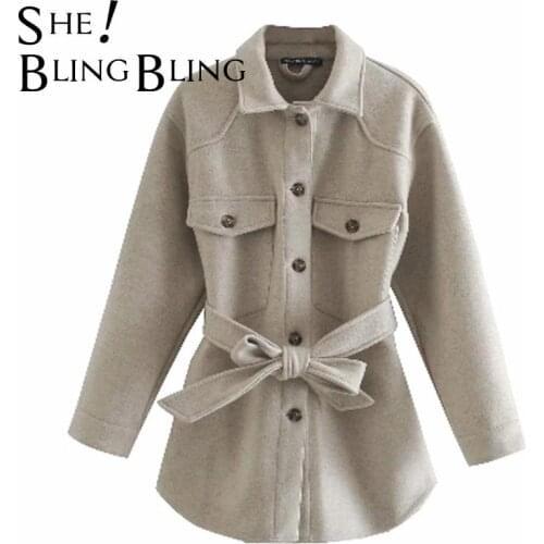 SheBlingBling Za Women 2021 Fashion With Belt Loose Woolen Jacket Coat Vintage Long Sleeve Side Pockets Tra Female Chic Overcoat