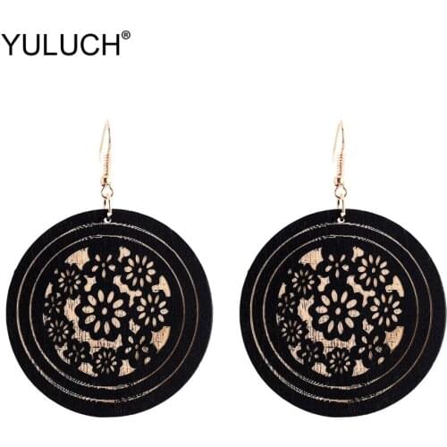 YULUCH 2019 Round Statement Earrings For Women Ethnic African Purple Black Wooden Flowers Pendant Earrings Jewelry Accessories