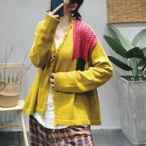 Women Sweater 2021 Autumn Winter New Casual Knitting Tops Ladies Cardigan Button Spliced Panelled Loose Sweater Tops