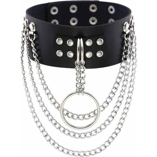 New Punk Layered Chain necklace Punk Choker Collar Goth Pendant Necklace Women Black Pu Leather Gothic Bondage Chocker Jewelry