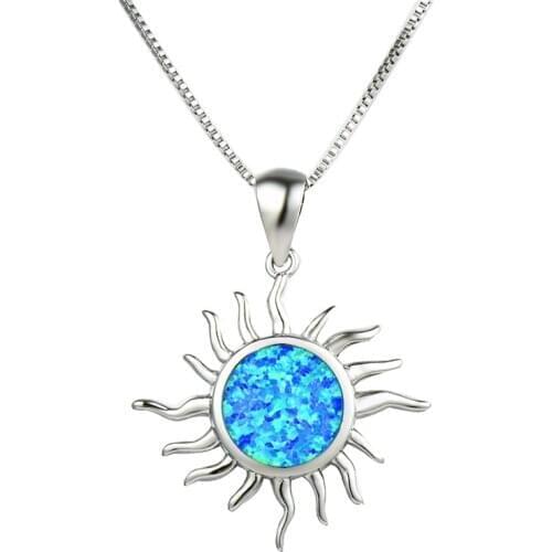 White Blue Opal Sun Pendant Necklaces for Women Wedding Jewelry Vintage Fashion 925 Sterling Silver Round Birthstone Necklace
