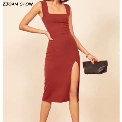 Sexy Stretch Women Slit Party Dress Vintage Square Collar Knitted Rib Midi Sleeveless Dresses for Woman Vestidos