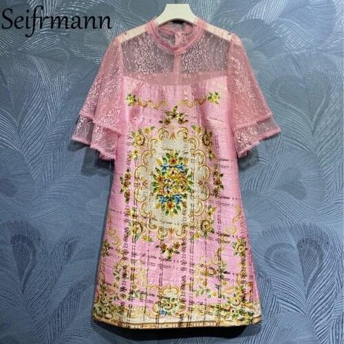 Seifrmann New 2021 Summer Women Fashion Designer Party Mini Dress Butterfly Sleeve Gorgeous Lace Crystal Beading Vintage Dresses