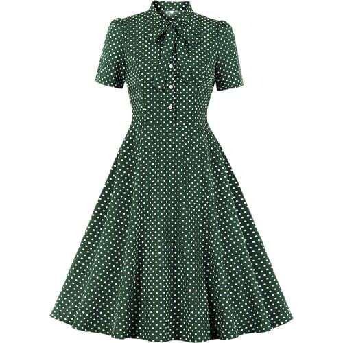 Womens Shirt Collar Green Polka Dots Dress Bowknot Neck Short Sleeve 1940s Retro Vintage Dress