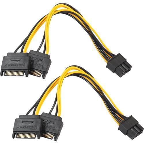2pcs Dual SATA 15pin to 8pin PCI-E Power Supply Cable for video card 2* SATA 15pin to 8(6+2)pin Cord 18AWG 20CM