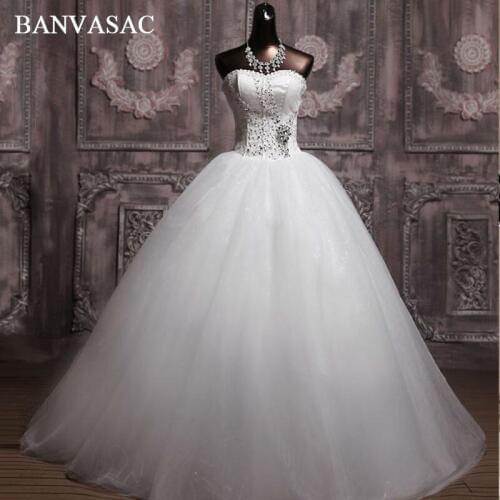 BANVASAC 2017 New Luxury Crystals Strapless Wedding Dresses Elegant Embroidery Sleeveless Satin Lace Bridal Ball Gowns