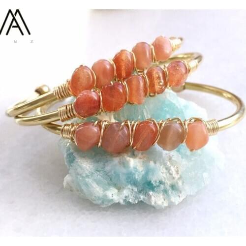Women Boho Natural Gems Stone Open Bangle Gold Copper Wire Wrapped Sun Stone Beads Cuff Bangles Bracelets Jewelry BG002AMAB