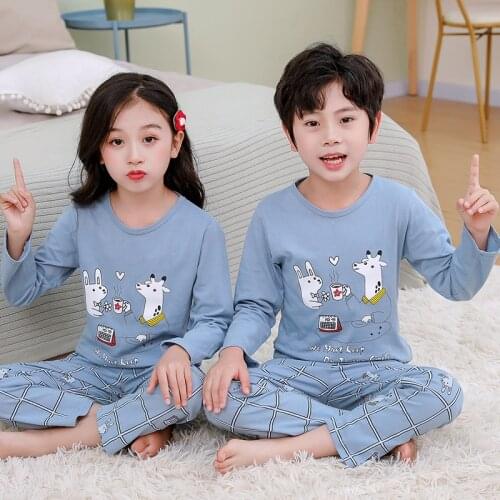 Chilren Pajamas Sets 2pcs Long Sleeve Tees Tops + Pants Cartoon 100% Cotton Teenagers Boys Girls Sleepwears Homewears Suits Soft