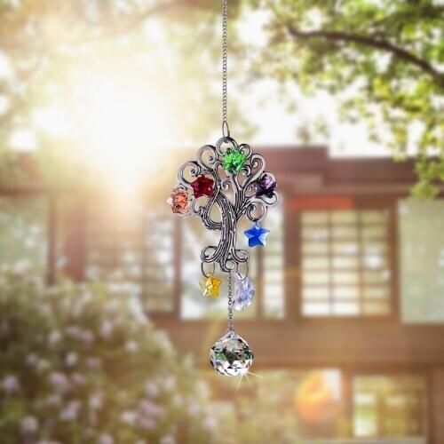 H&D Tree of Life Crystal Rainbow Suncatcher Window Hanging Ornament Glass Ball Prism with Chakra Star Beads Home Garden Decor