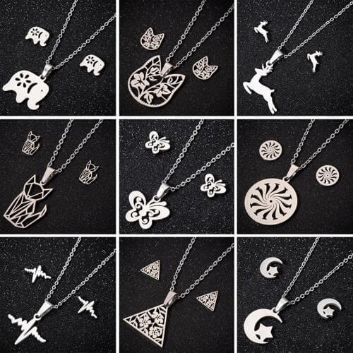 Hfarich Trendy Elephant Cat Deer Butterfly Heartbeat Triangle Moon Star Pendants Necklaces Stainless Steel Sets Chain Necklace