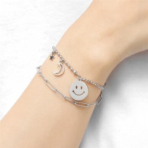 Classic Retro Stainless Steel Bracelet Smiley Pendant Titanium Steel Bracelet Individuation Simple Bracelet for Women Girlfriend