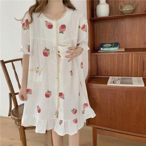 Peach Print Summer Nightgown Kawaii Single Breasted Cute Sleepwear Loose Short Sleeve Lace Patchwork Homewear Sweet Cotton