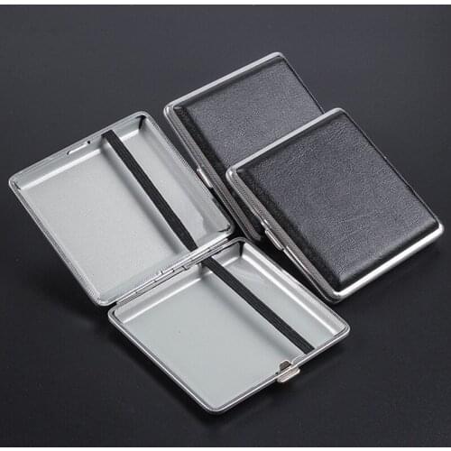20 Capacity Mens Protable Cigarette Case Black Double Side Leather Anti-sliding Alloy Double-opened Thick Cigarette Storage Box