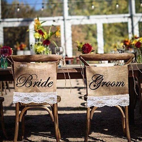 Mr & Mrs Bride Groom Burlap Chair Sign sashes Bunting Banner for Vintage Rustic Wedding engagement Anniversary Decoration favor