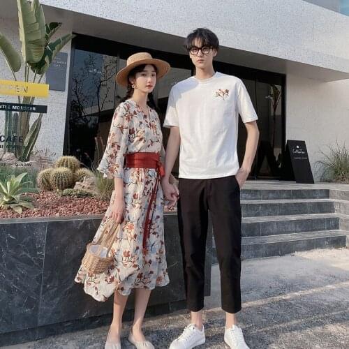 Lovers wear Chinese style modified gentle wind small floral dress couples clothes couples clothing