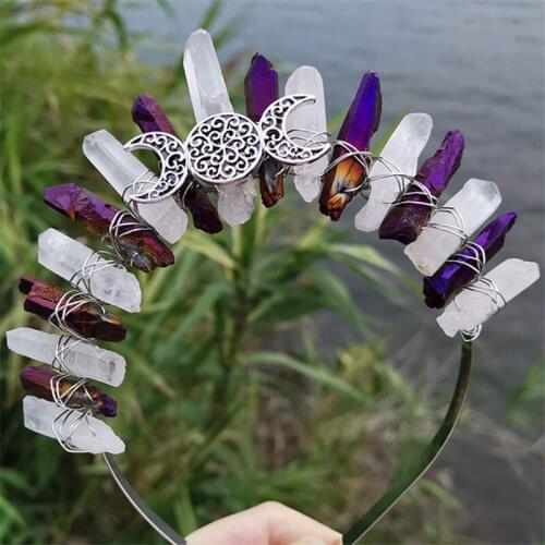 Hollow Moon Hair Accessories Inlaid Natural Quartz Raw Crystal Headdress Queen Witch Dress Up Crown Tiara Fashion Jewelry Gifts