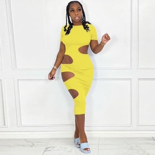 Side Hollow Out Streetwear Party Club Dress for Women Short Sleeve Body-shaping Skinny Dress Hipster Backless Mid Calf Dress
