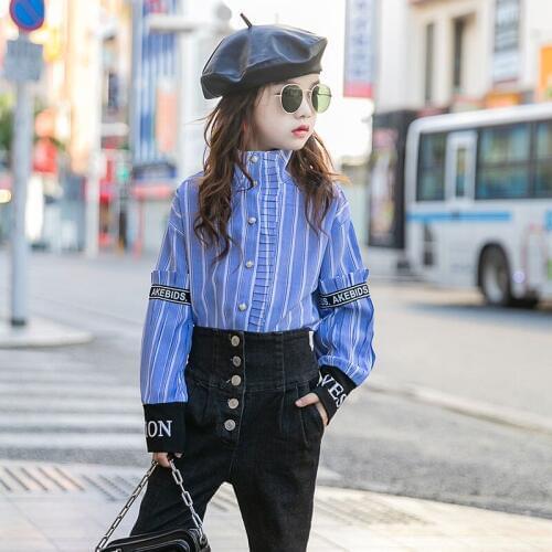 Girl shirt baby kids clothes 4-15 years cotton Blend Korean Lace collar vertical stripes long sleeve letters striped Blouse