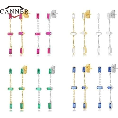 CANNER 925 Sterling Silver Stud Earrings For Women Simple Colorful CZ Zircon Chain Piercing Earring Earings Jewelry Pendientes