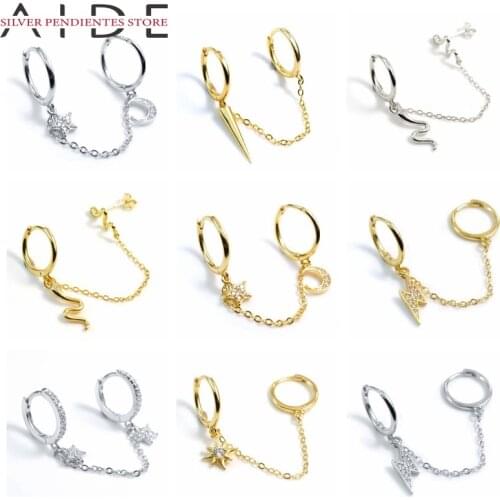 AIDE 925 Sterling Silver Link Chain Double Circle Hoop Earrings Snake Star Lightning Pendant Piercing Earring Pendientes Mujer