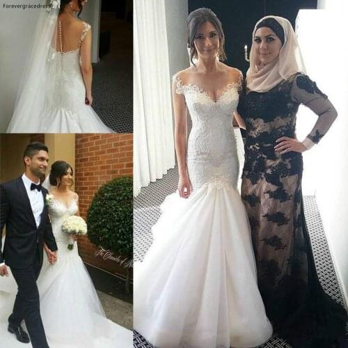 Vintage Dubai Mermaid Wedding Dress Saudi Arabia See Through Button Back Lace Appliques Formal Bridal Gown Plus Size Custom Made