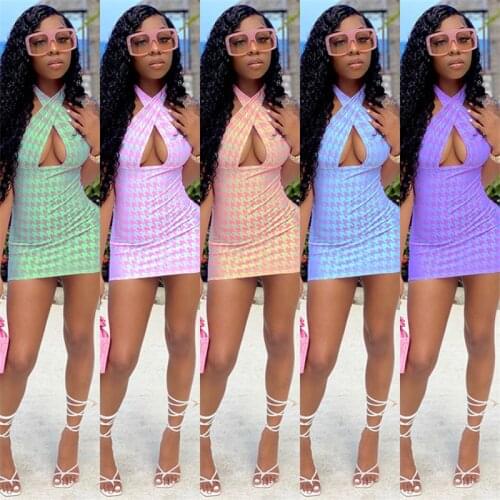 WJFZQM Sexy Print Halter Mini Dress Women Summer Hollow Out Slim Bodycon Clubwear Dresses Outfit Off Shoulder Sleeveless Dress