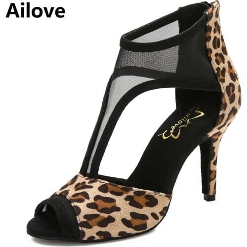 Social Ballroom Dance Boots Women`s Latin Salsa Tango Dancing Shoes with Leopard Grain Velvet Smooth and comfort to Touch S065