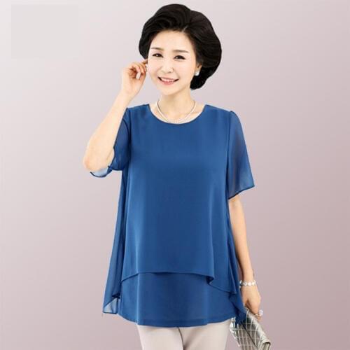 Women Summer Oversize Blouses Mother Loose Clothing Plus Big Size Female Red Fake 2 Piece Chiffon Shirt Tops 5 xl 6 xl 7xl