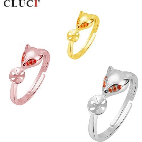 CLUCI Cute Silver 925 Fox Ring Women Party Jewelry Rose Gold Adjustable Open Zircon Ring Jewelry SR2083SB