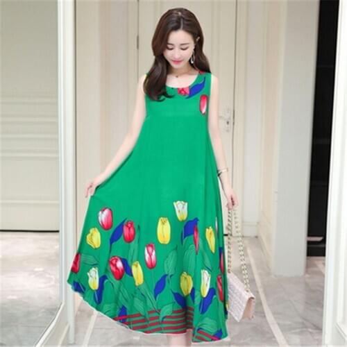 Plus Size Womens Dresses Summer Sleeveless Vest A-Line Vintage Print O-Neck Boho Dress Female Floral Beach Long Dress vestidos