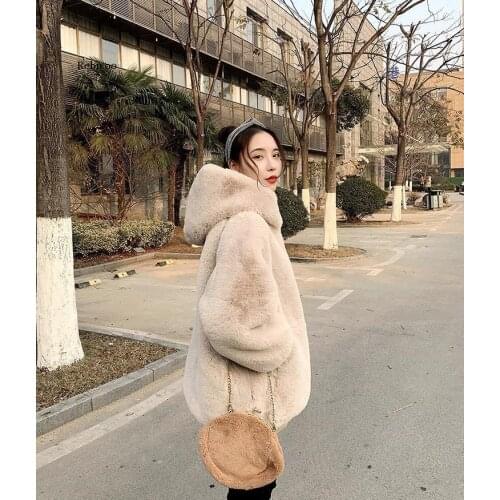 Winter Thick Warm Faux Rabbit Fur Coat New Women Long Sleeve Hooded Fur Jacket Coats Fashion Outwear